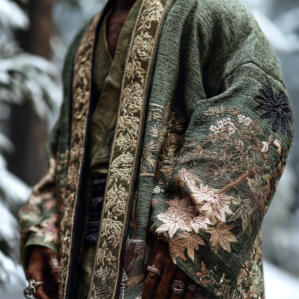 Japanese Maple Leaf Embroidery Art Men's Kimono