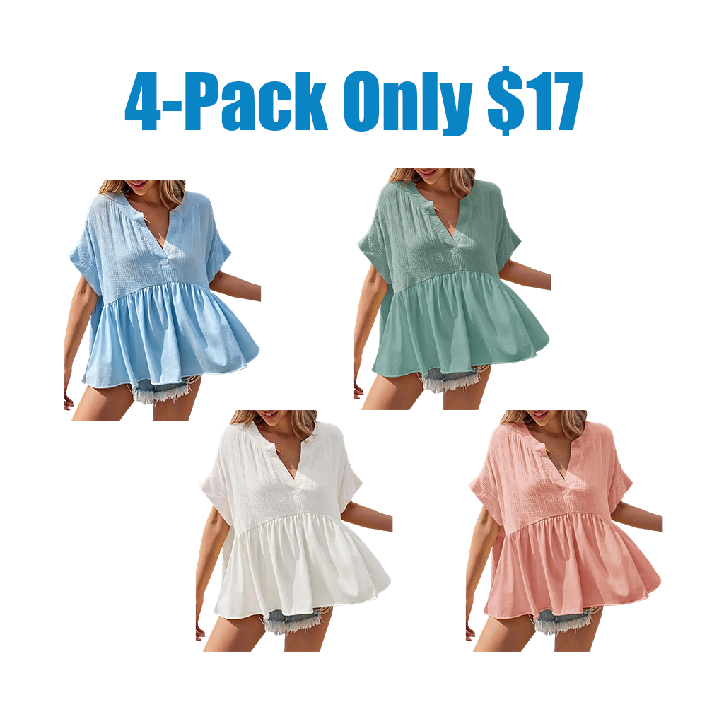 Womens Summer Babydoll Tops V Neck Short Sleeve Pleated Flowy Shirts Casual Loose Fit Peplum Blouse