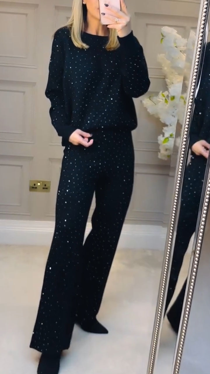 Women Round Neck Rhinestone Solid Color Casual Set