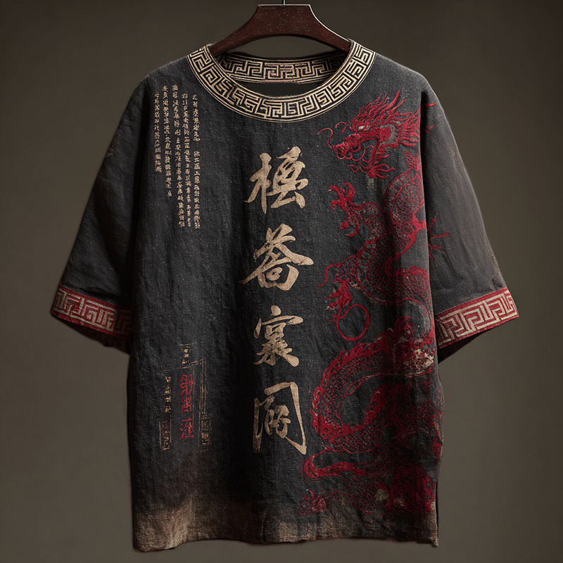Retro Japanese Calligraphy And Dragon Art Pattern Casual Linen Blend T-shirt
