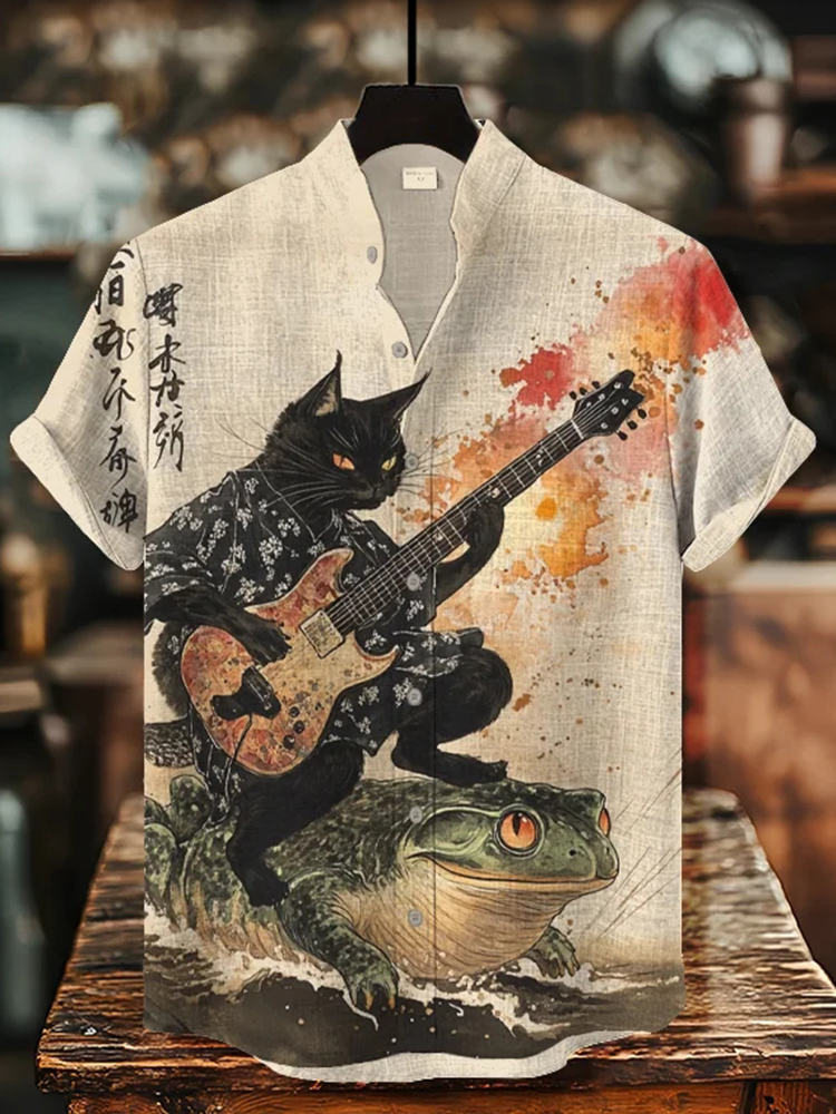Men's Black Cat Riding On Toad Playing Guitar Print Short Sleeve Shirt