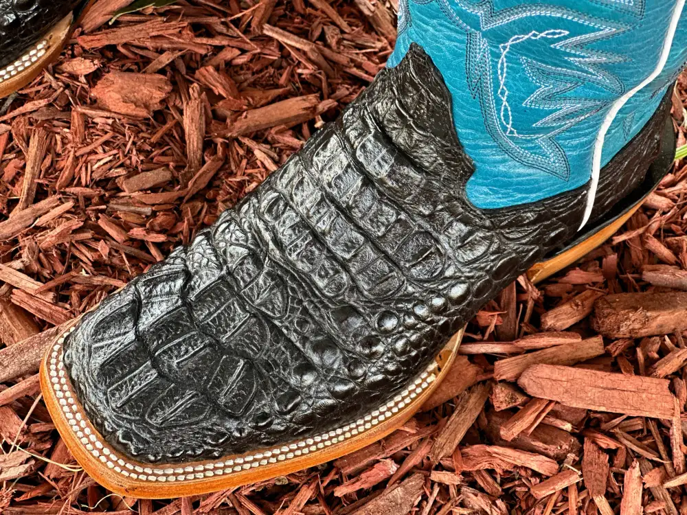 Men’s Black Crocodile Leather Boots With Turquoise Shaft