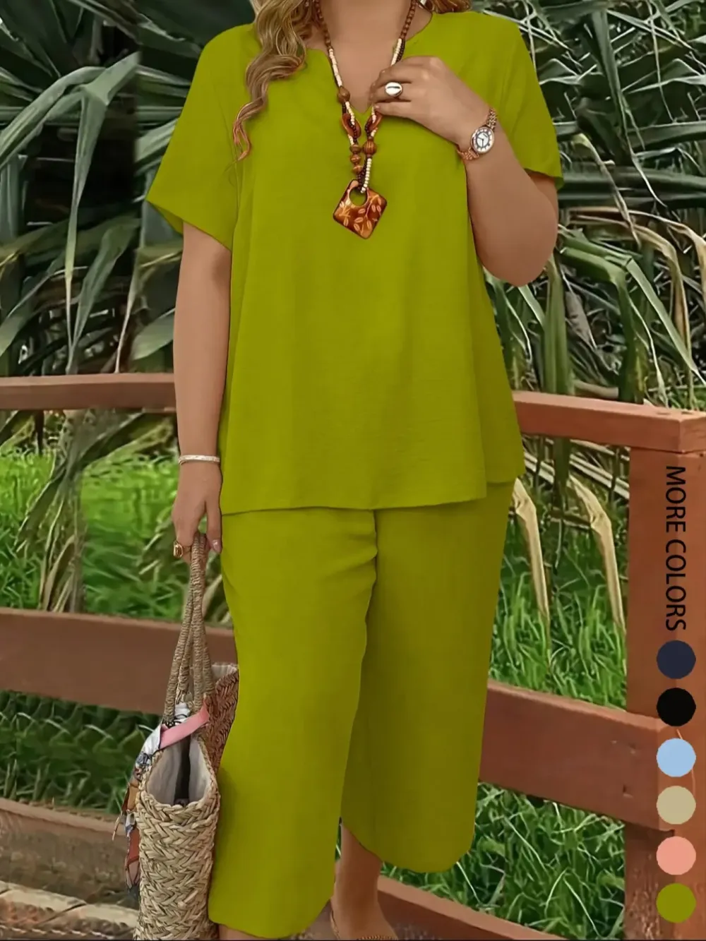 Women's Solid Color Short Sleeve Fashion Top & Casual Wide Leg Pants Set, Summer, Comfortable & Stylish