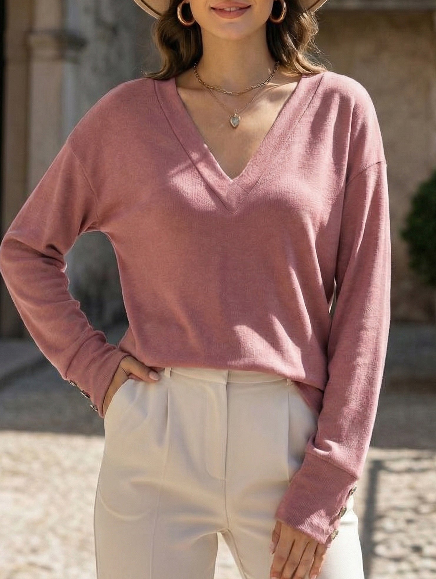 Solid V Neck Button Loose Long Sleeve Tee_CWTTL01231