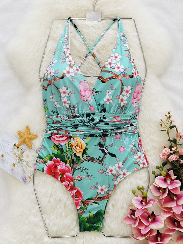 Floral Printed Deep-V-Neck Bandage One-Piece Swimwear