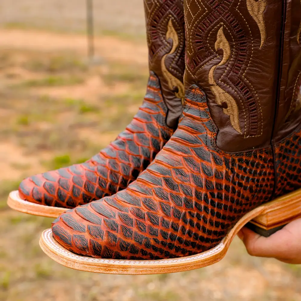 Rustic Cognac Anaconda Leather Boots - Square Toe