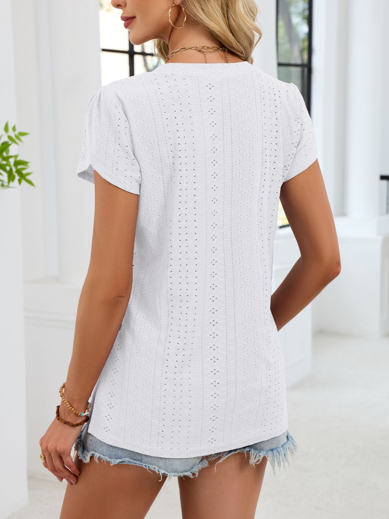 Eyelet Petal Sleeve V-Neck T-Shirt