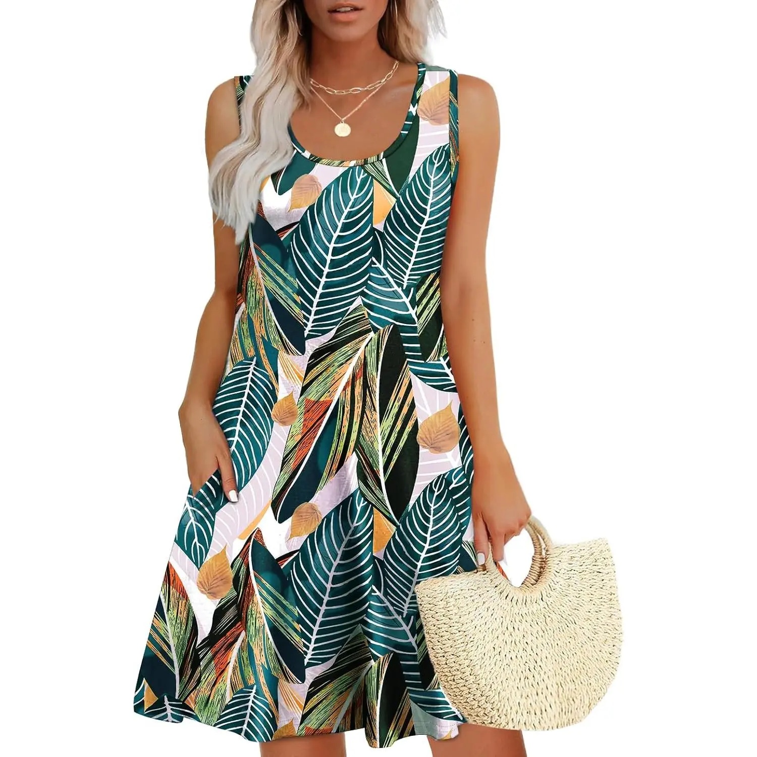 Womens Summer Dresses Loose U Neck Sleeveless Sundresses Dress with Pockets