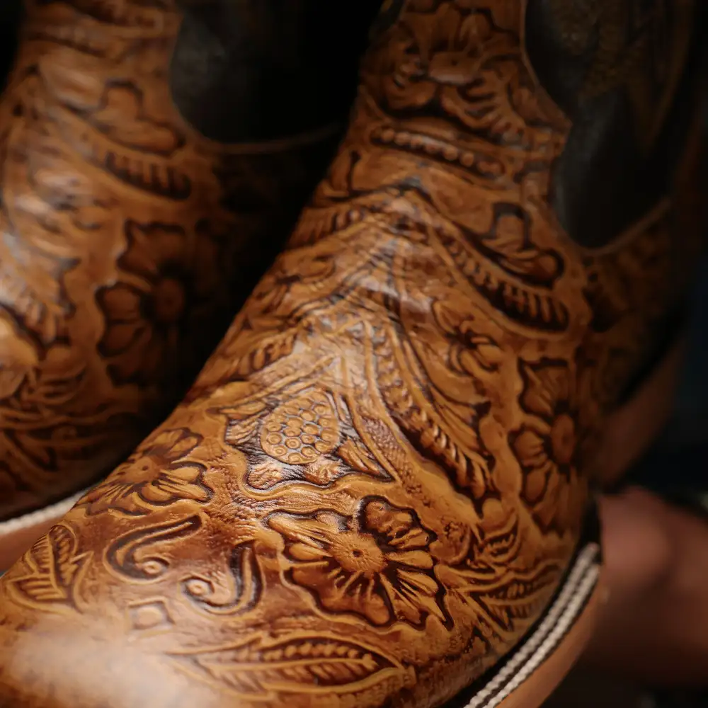 Honey Hand-Tooled Leather Boots — Square Toe