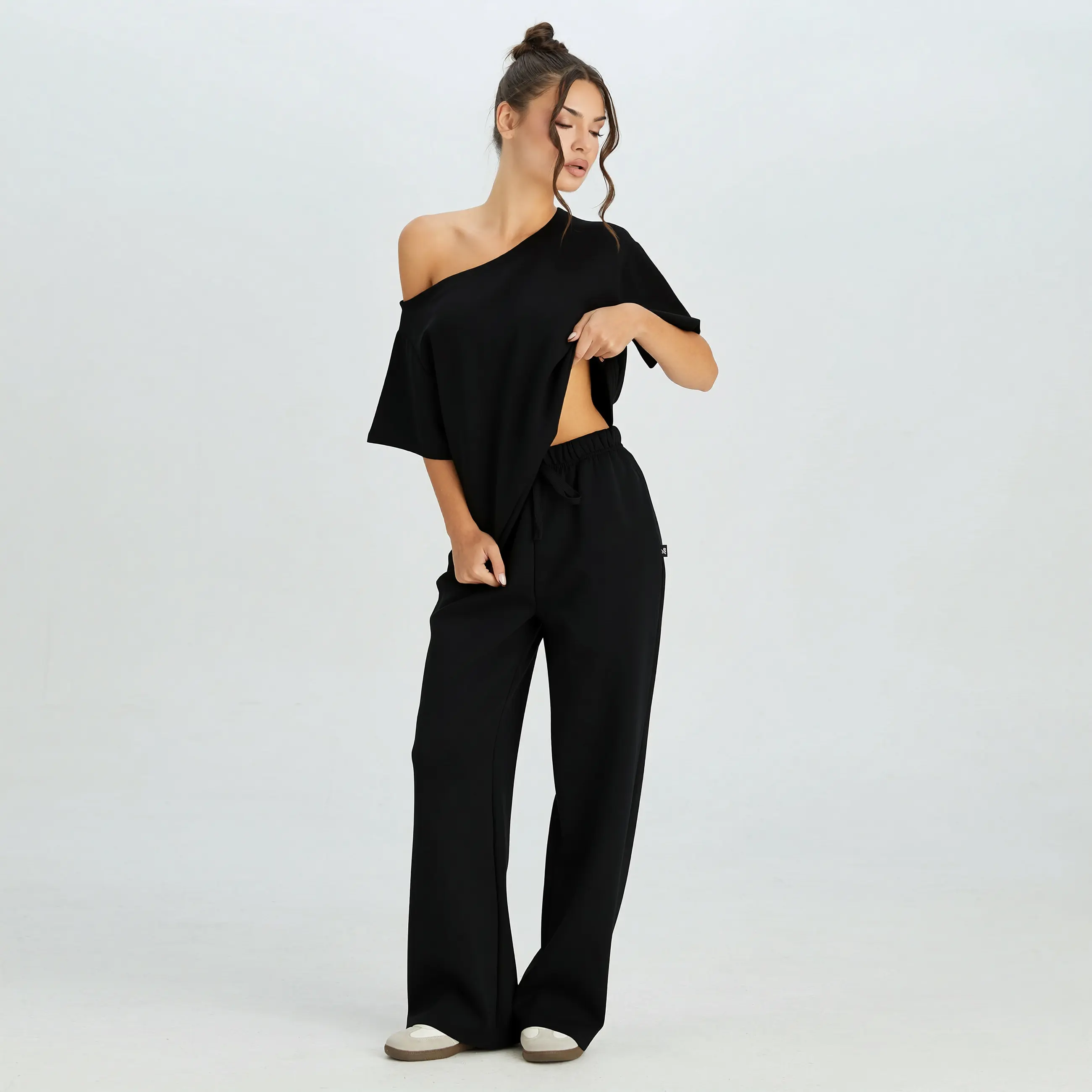 Women's Simple Style Solid Color Sloping Shoulder Short Sleeve Top & Drawstring Waist Wide Leg Trousers Co-ord Set