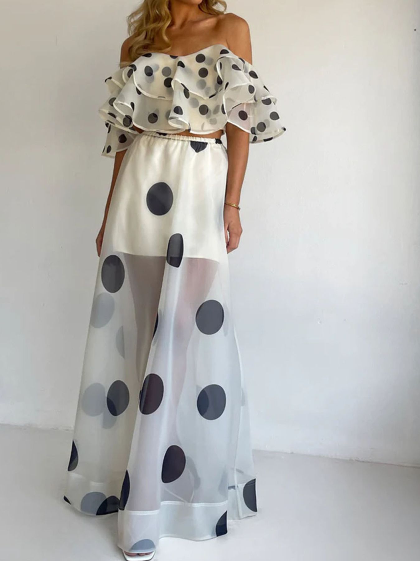Polka Dot Ruffle Crop Top and Maxi Skirt Set