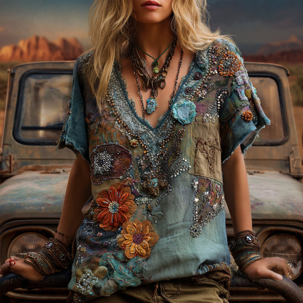 Western-style Swaying Silesian Flower V-neck Short-sleeved Top