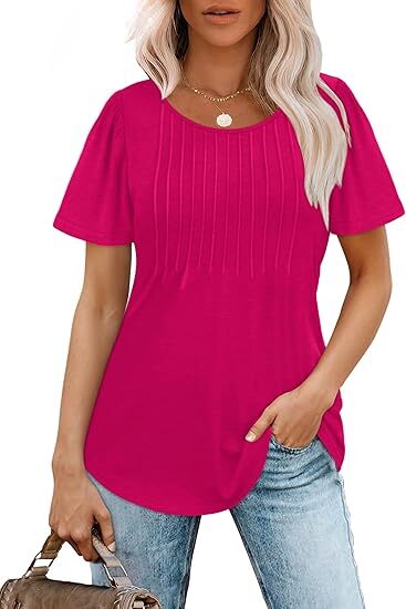 🔥Last day promotion🔥Womens T Shirts Short Sleeve Pleated Dressy Casual Scooped Neck Summer Tops Blouses
