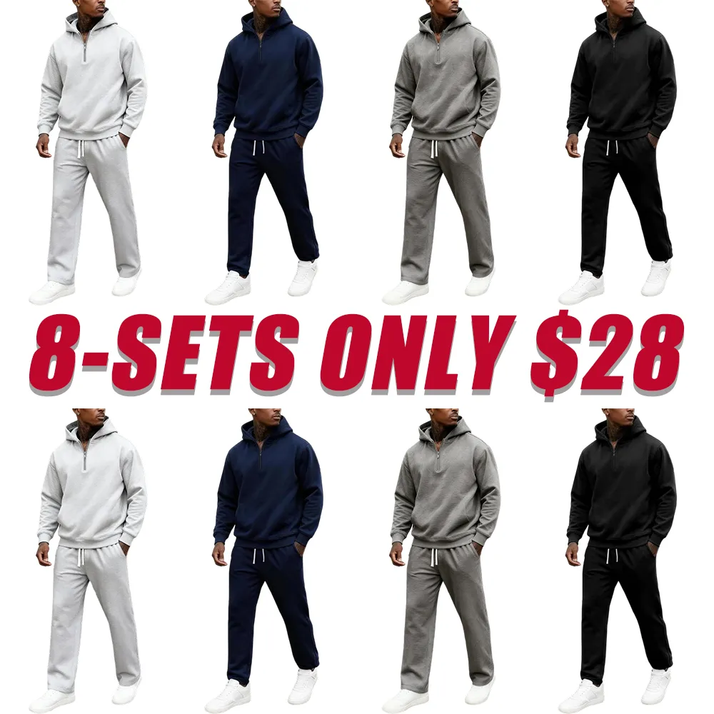 Men's Plain Two-piece Sweatsuit Set, Basic Regular Fit Casual Drop Shoulder Half Zip Hoodie & Pocket Drawstring Sweatpants