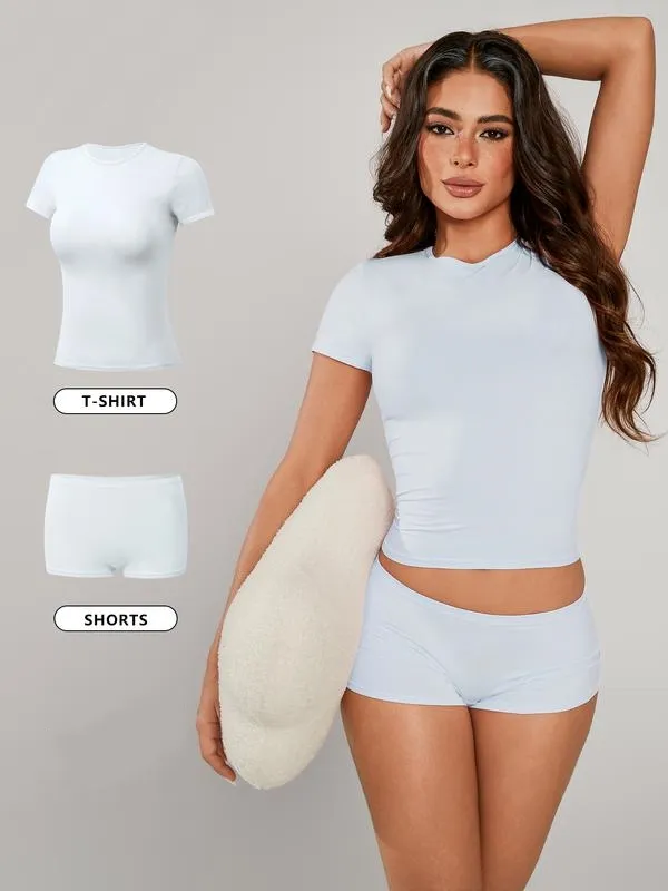 Women's Solid Crop Tee & Boxer Shorts Loungewear