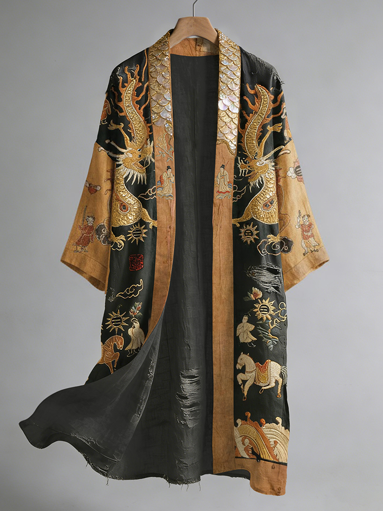 Retro Dragon Mural-inspired Pattern Casual Linen Blend Kimono