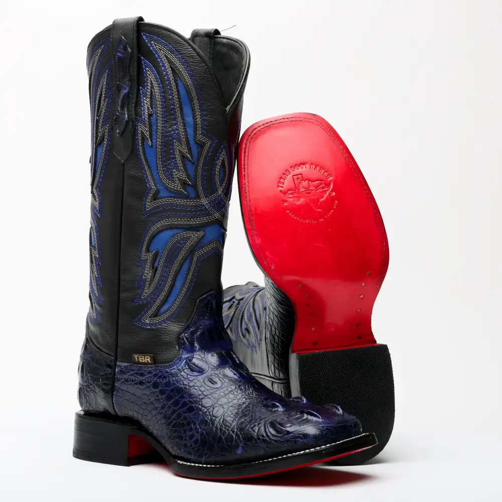 Black/Blue Giant Caiman Neck Leather Boots - Square Toe