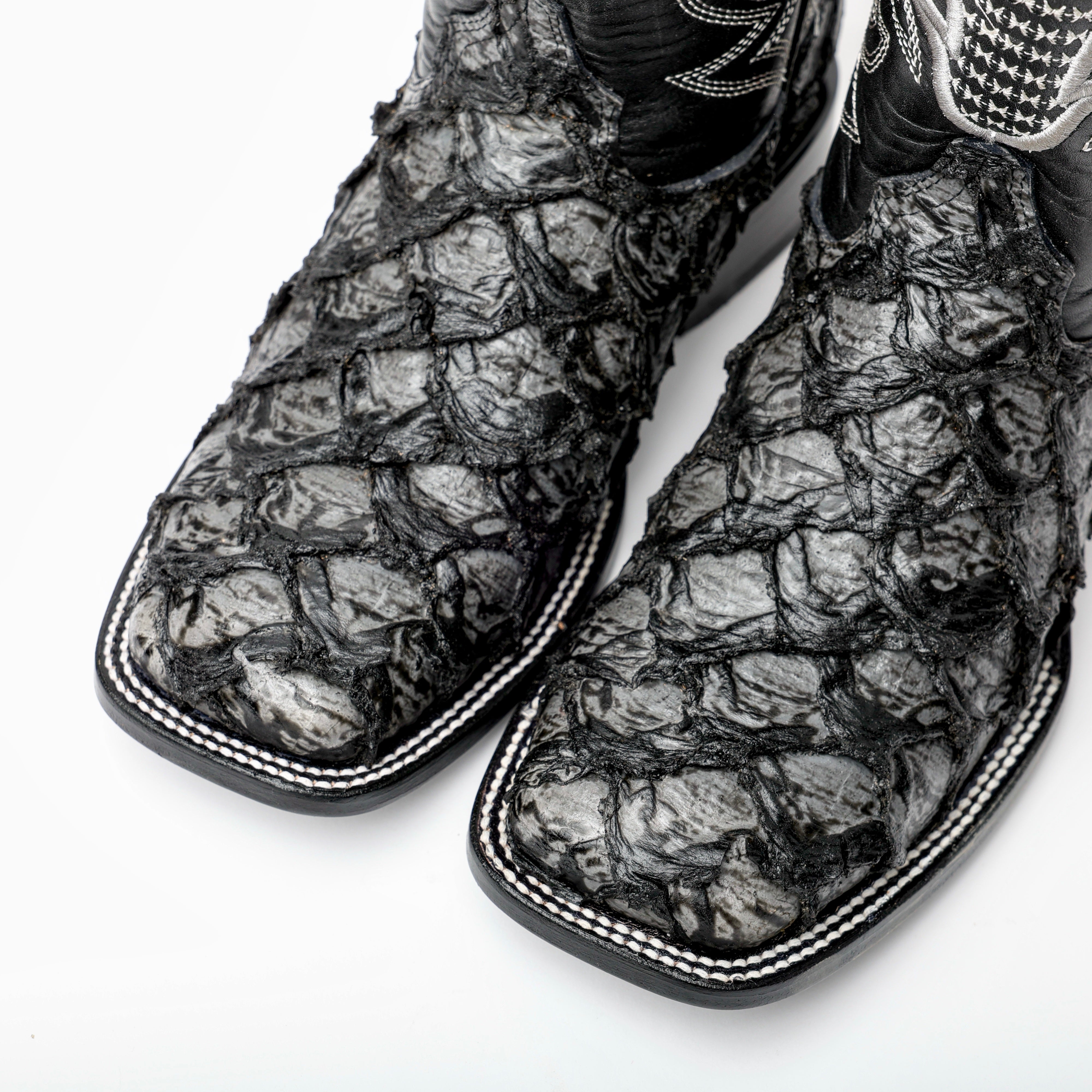 Grey Jumbo Pirarucu Leather Boots - Square Toe