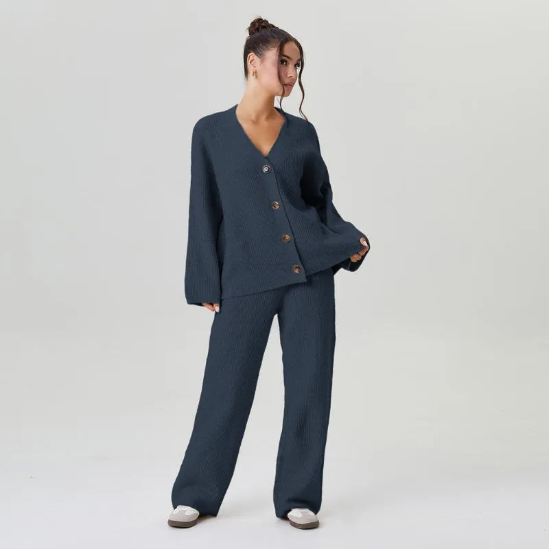 Women’s Cozy Two-Piece Set – V-Neck Cardigan & Stretch Trousers