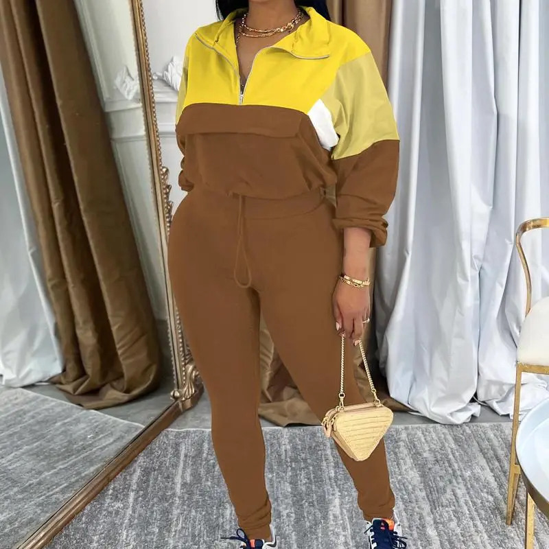 Women’s Colorblock Knit Tracksuit Set – Zip Jacket & Elastic Waist Pants