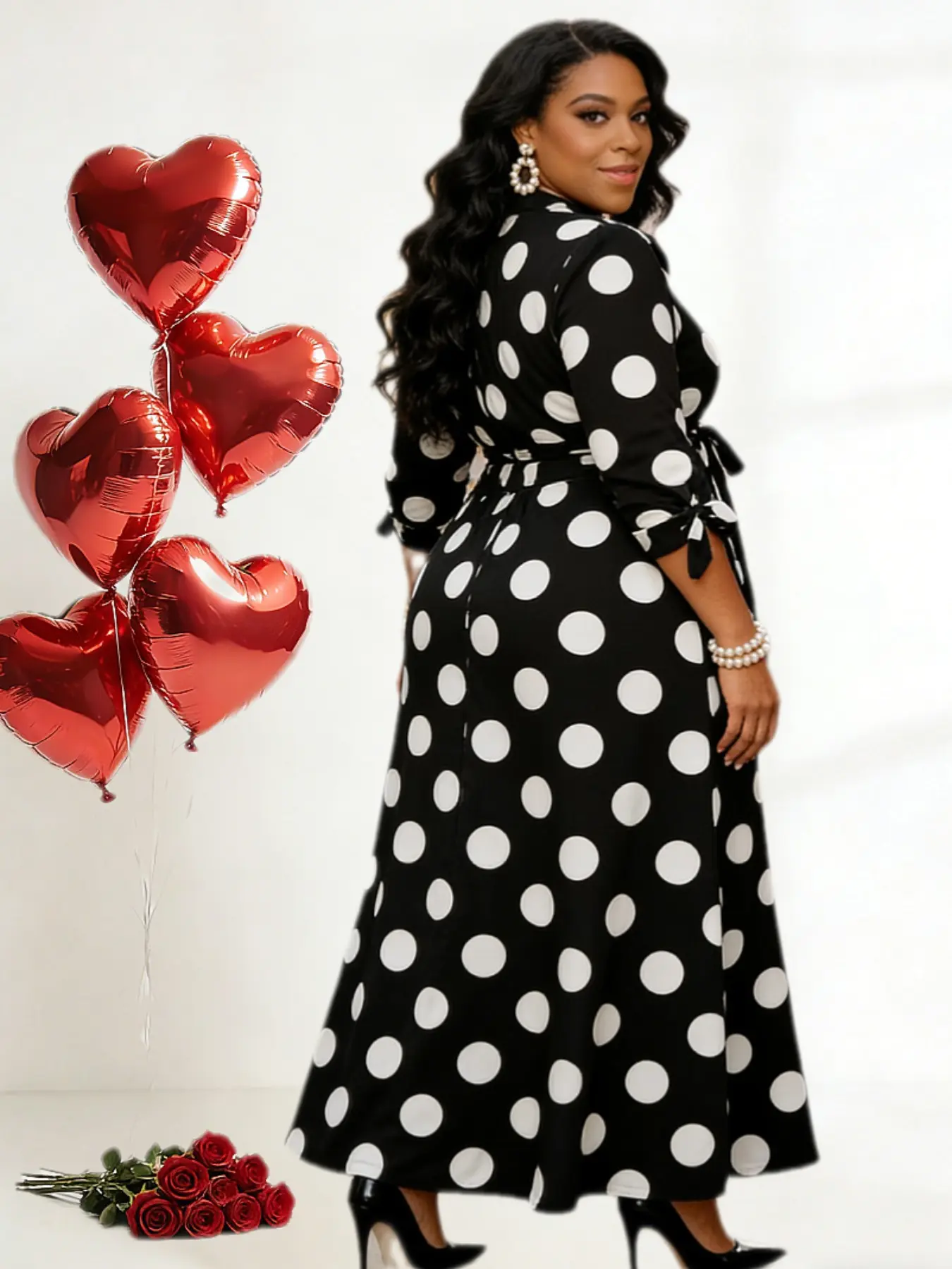 Plus Size Polka Dot Print Belted Button Front Shirt Dress