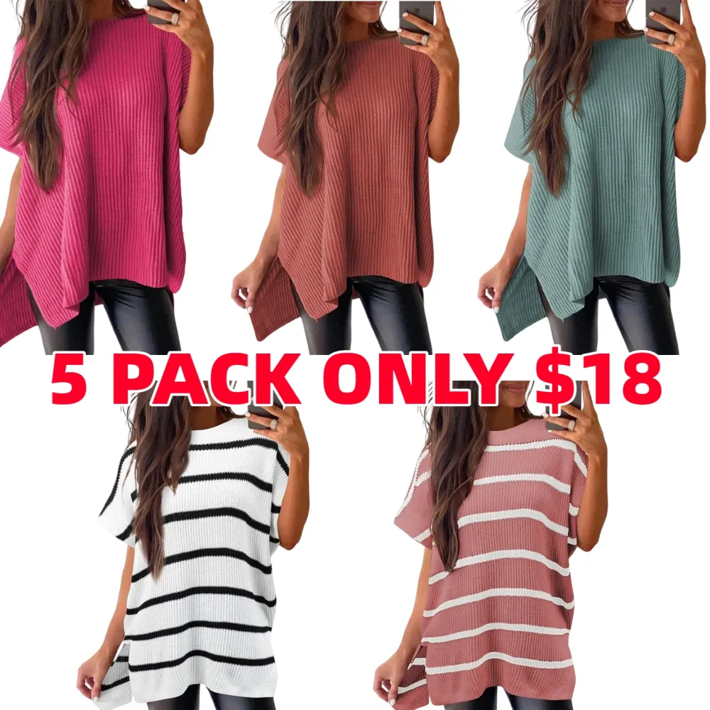 Women’s Oversized Knit Top – Casual Crew Neck Short Sleeve Sweater with Side Slit