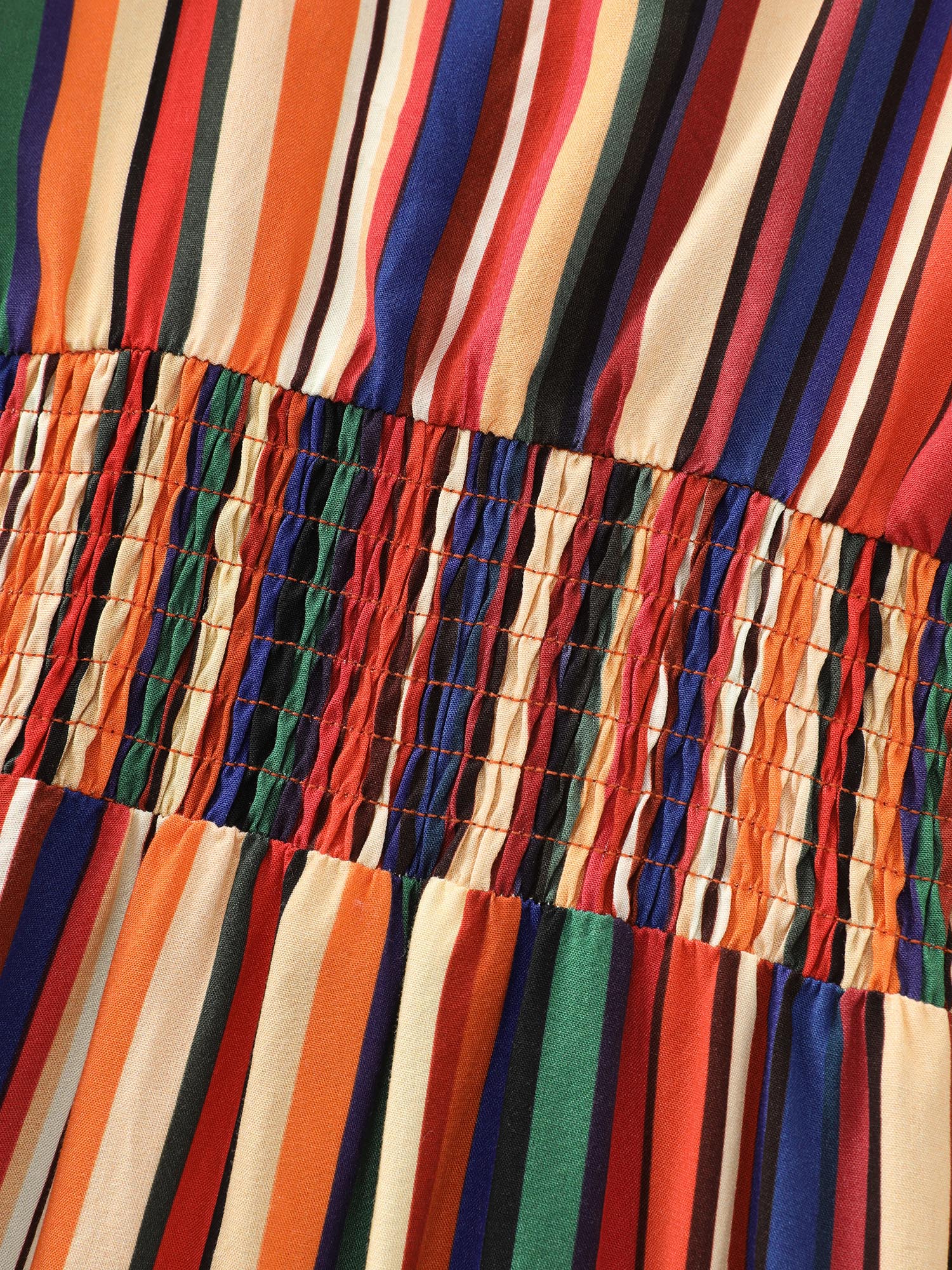 Colorful Stripe Shirred Waist Shoulder Tie Maxi Dress