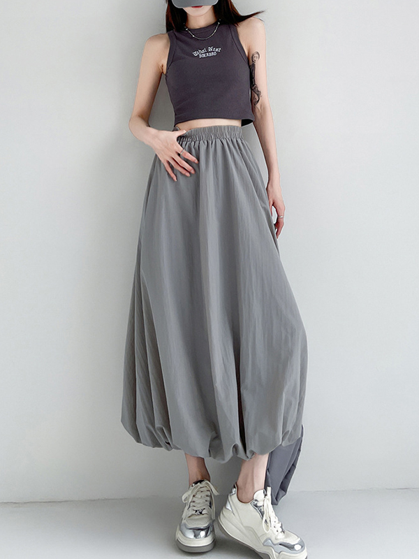 Elasticity Pleated Pockets Solid Color A-Line Loose Skirts Bottoms