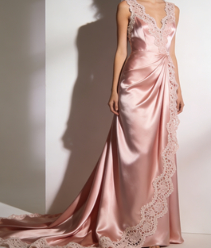Silky Satin Drape + Delicate Crochet Trim – Timeless Maxi Dress for Evening