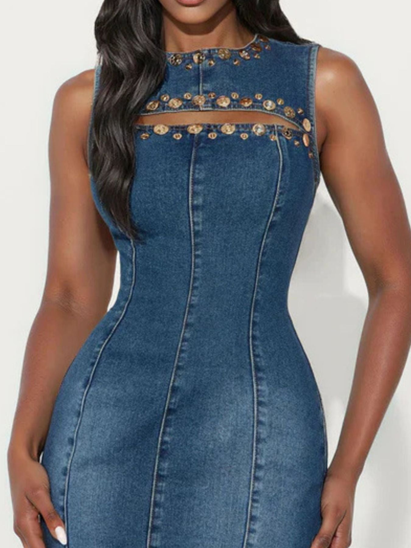 Embellished Cutout Sleeveless Denim Dress