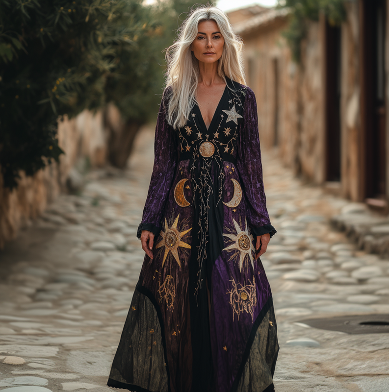 Vintage linen dress with star and sun embroidery 5501