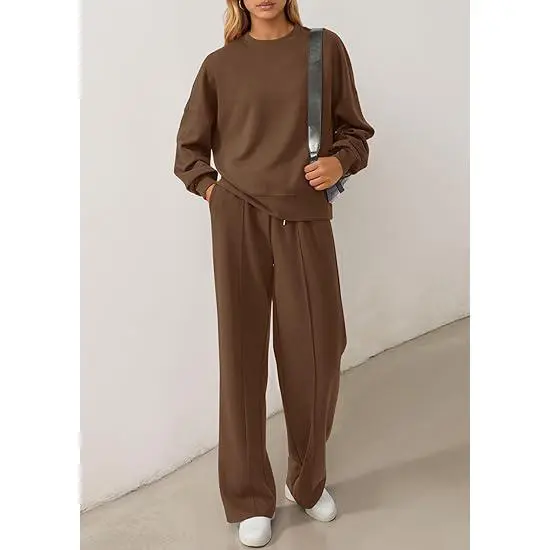 Women Fall Trendy Long Sleeve Sweatshirt Wide Leg Pants