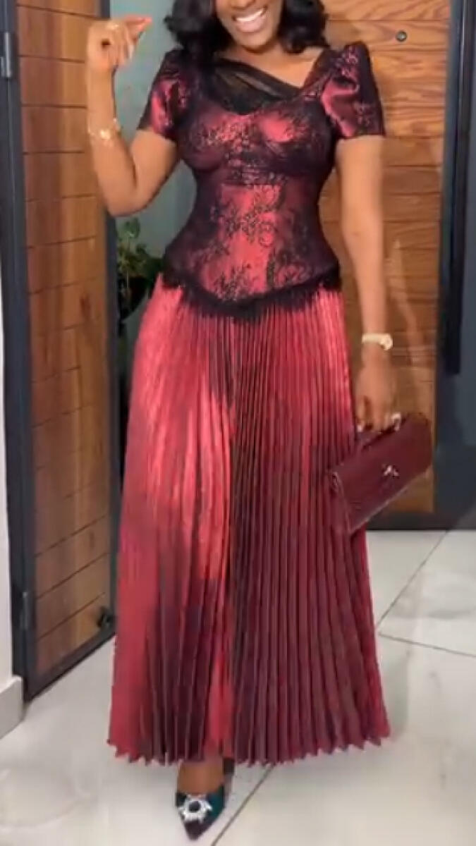 Women Square Collar Patchwork Pleated Elegant Temperament Dress