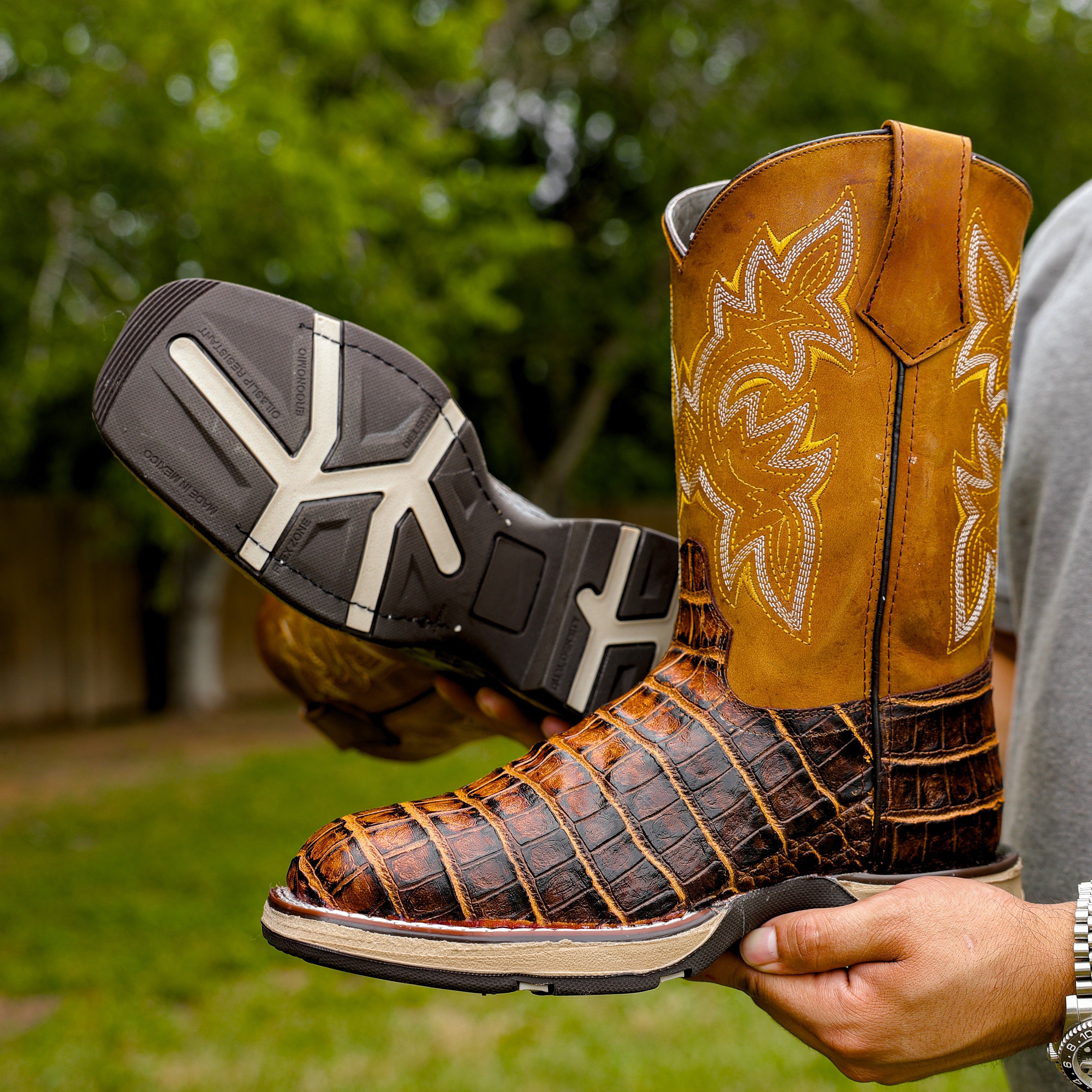 Honey Caiman Belly Leather Boots With 3D Lightweight Sole - Composite Toe