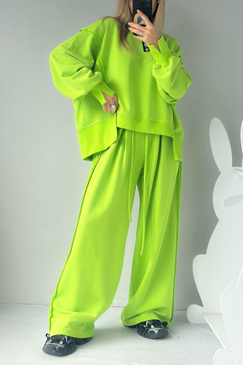 Women Round Neck Spliced Sweatshirt + Drawstring Pants Casual Set