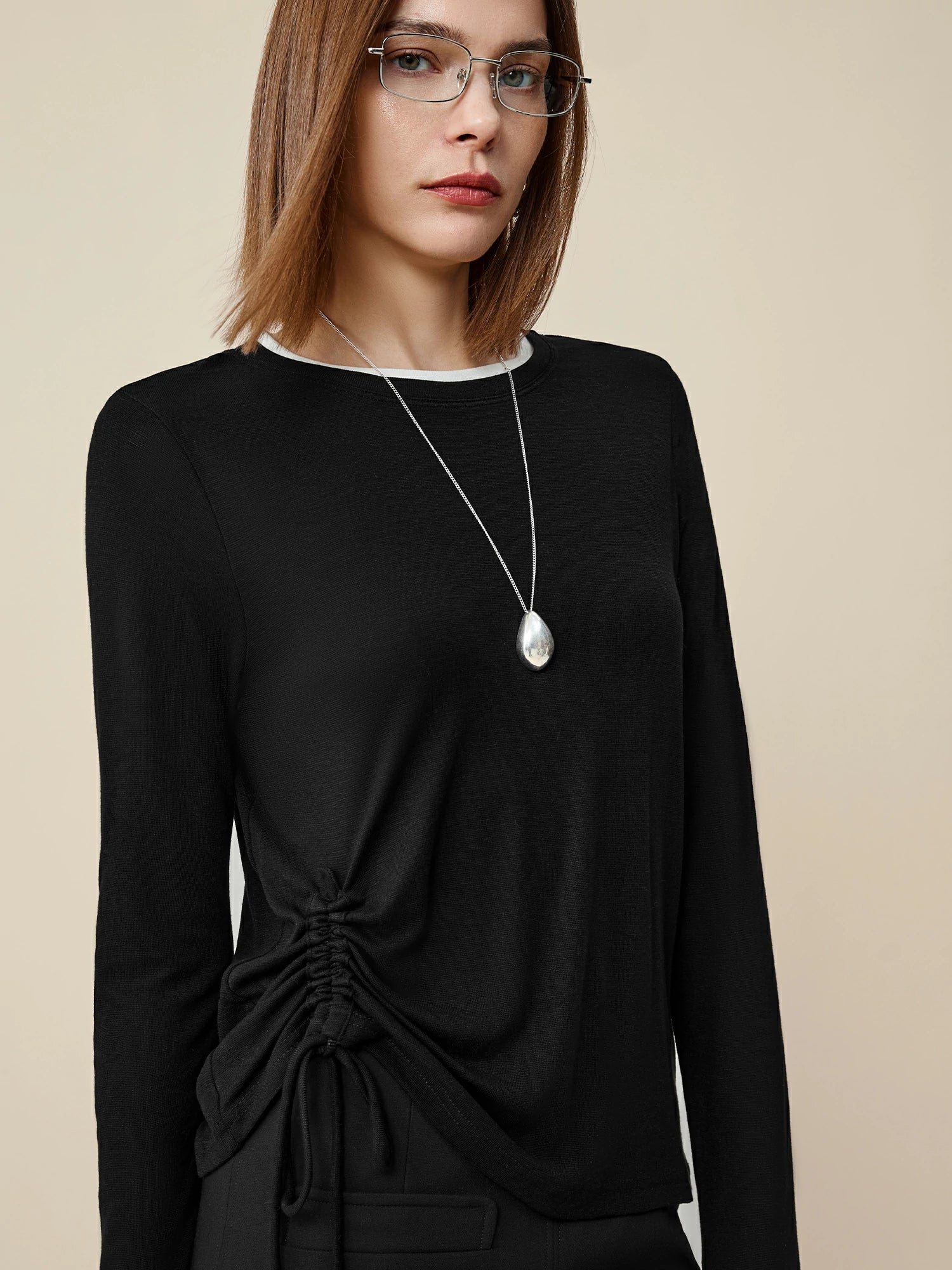 Lyocell & Wool Round Neck Long Sleeve Drawstring T-Shirt