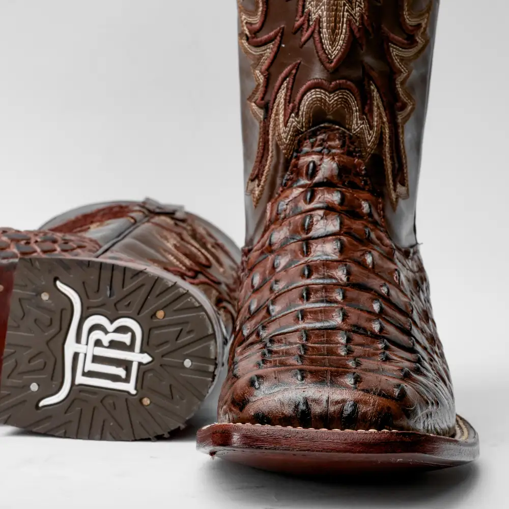 Brown Caiman Hornback Leather Boots - Square Toe