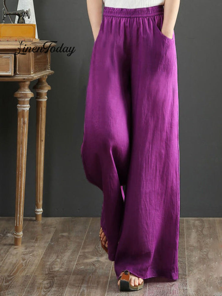 Women's Solid Color Loose Elegant Casual Simple Cotton And Linen Pants