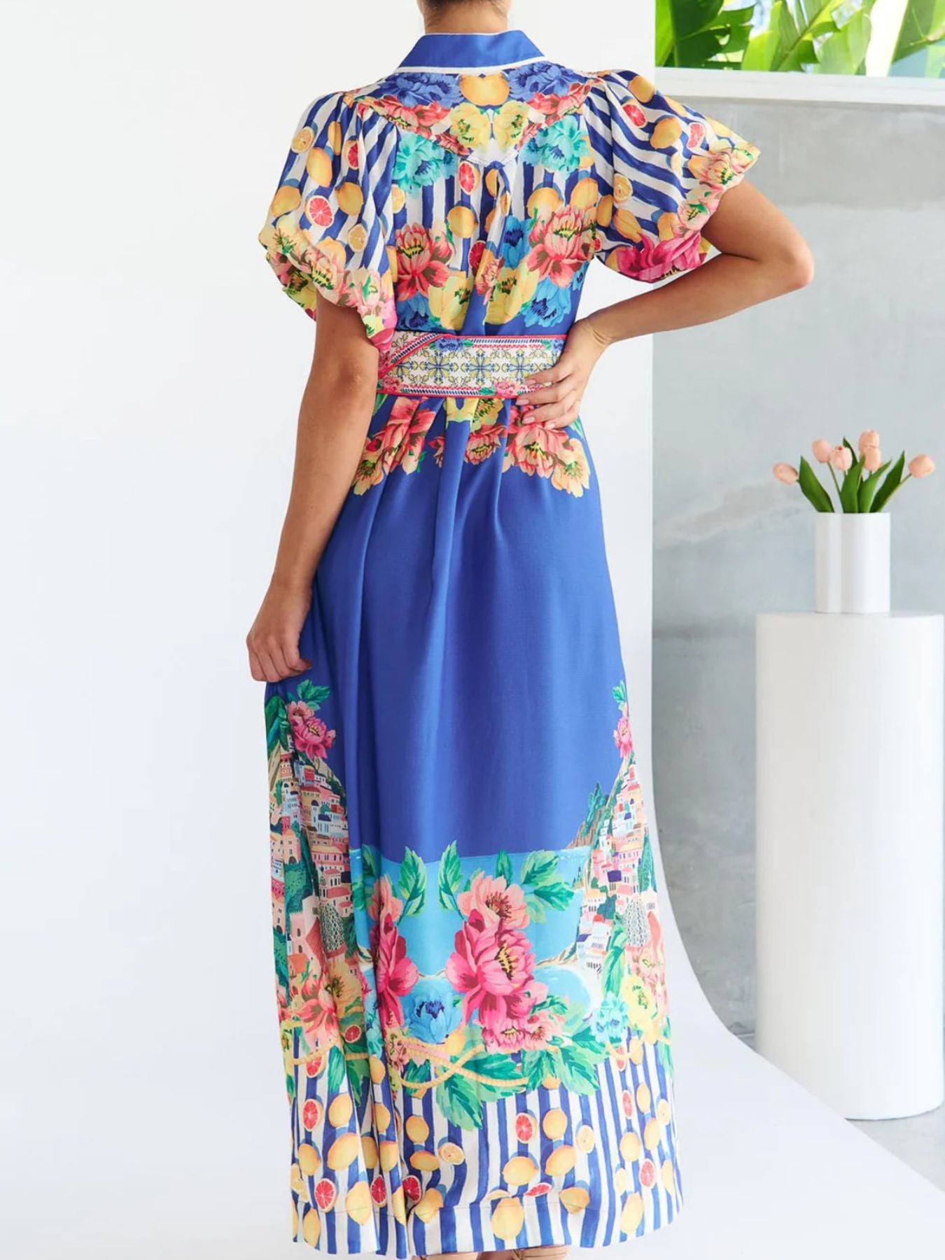 Printed Button Front Puff Sleeve Maxi Dress
