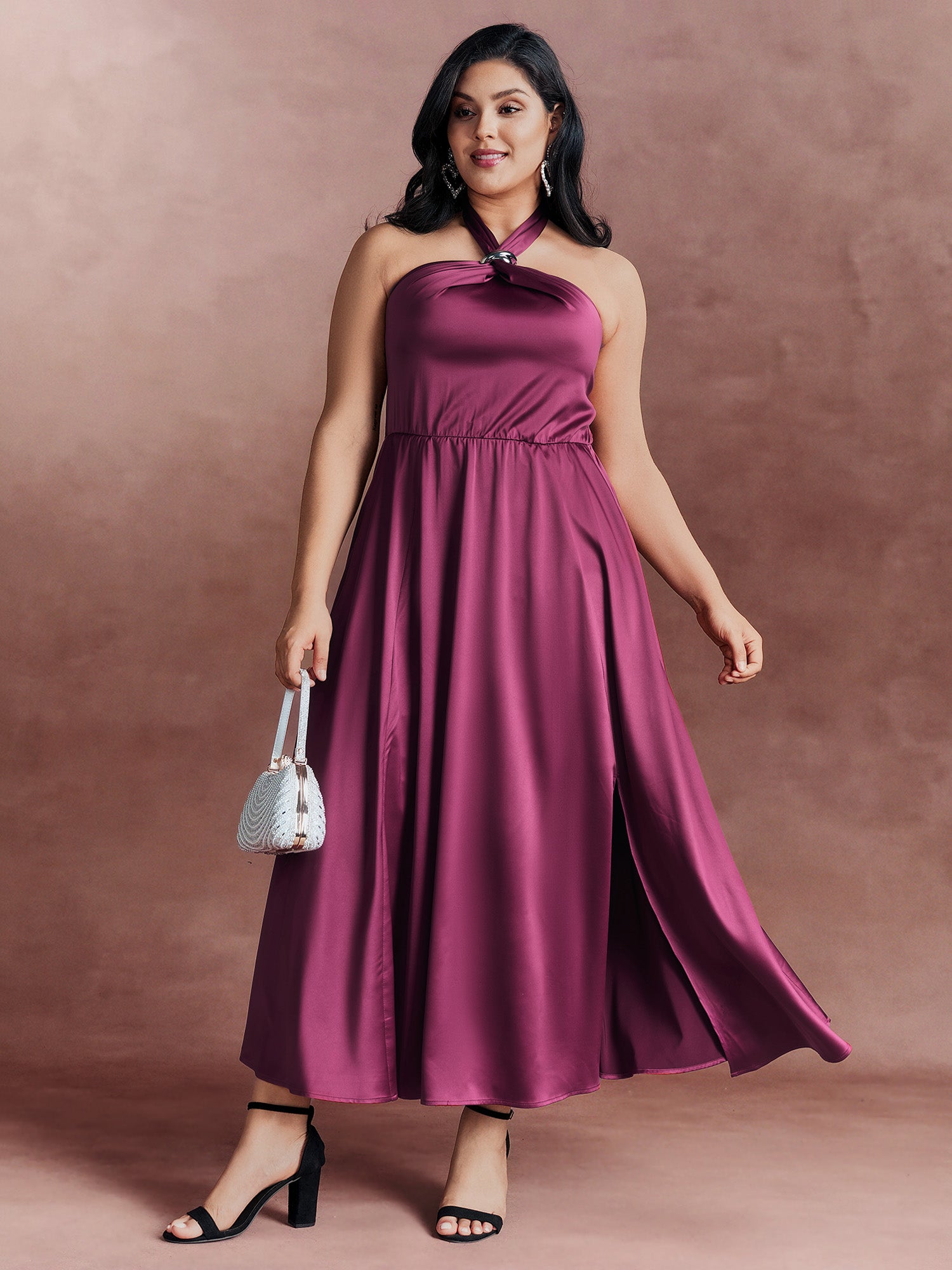 Halter Neck Metallic Detail Satin Maxi Dress
