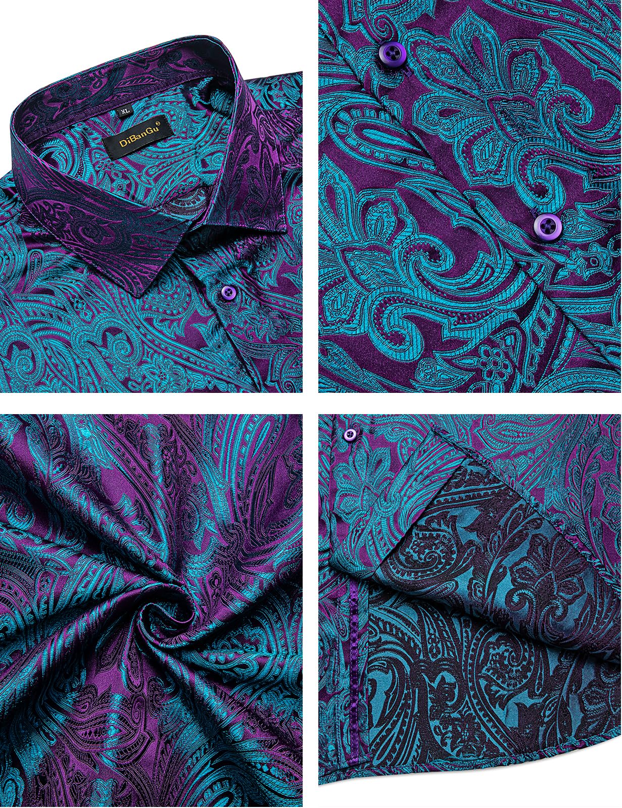 Men's Paisley Dress Shirt Long Sleeve Wrinkle Free Button Down Cowboy Shirts - Purple&teal&paisley