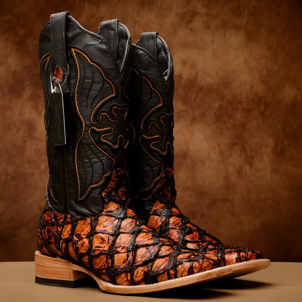 Cognac Jumbo Pirarucu Leather Boots - Square Toe