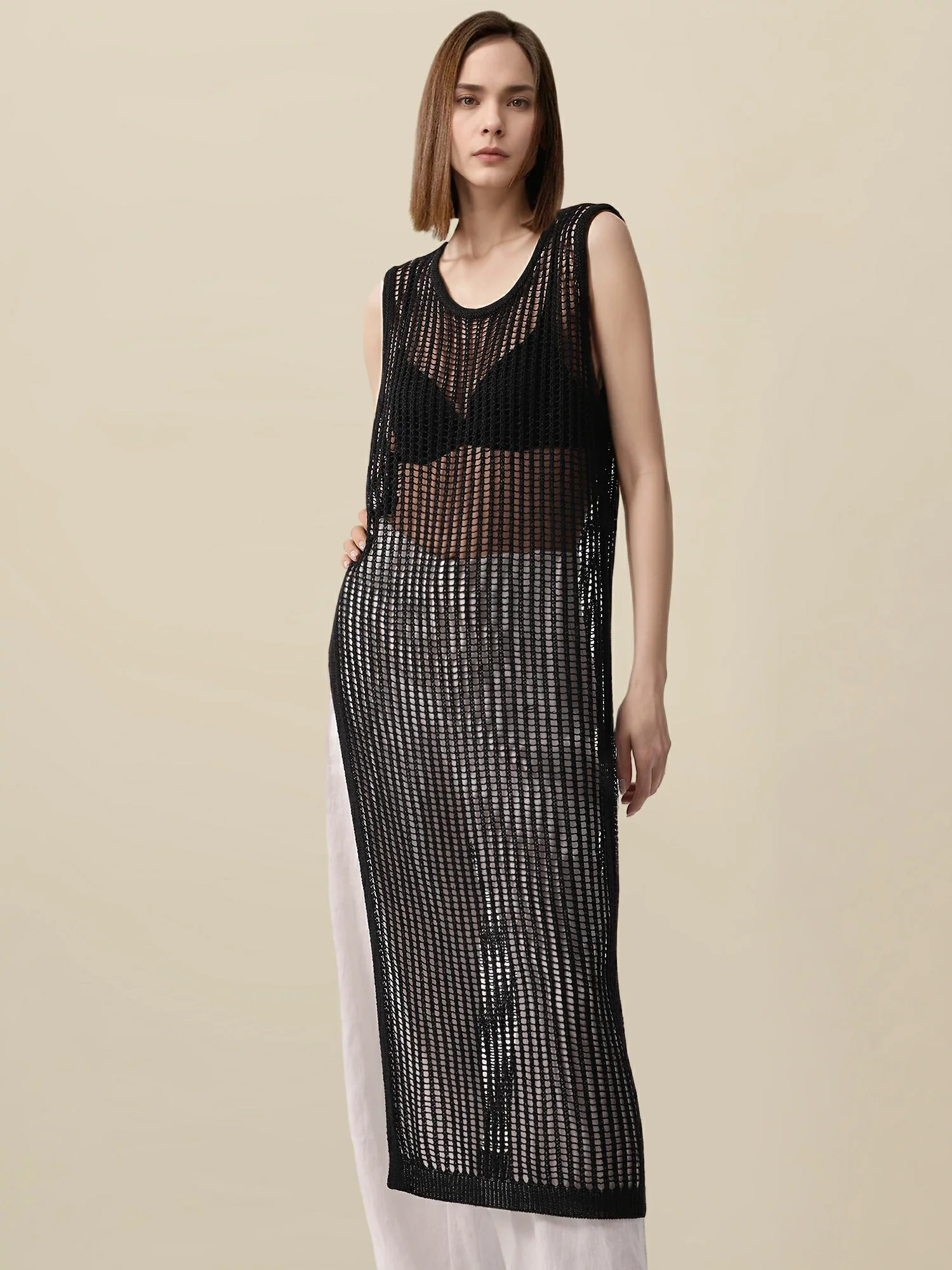 Lyocell Round Neck Sleeveless Cut-out Dress