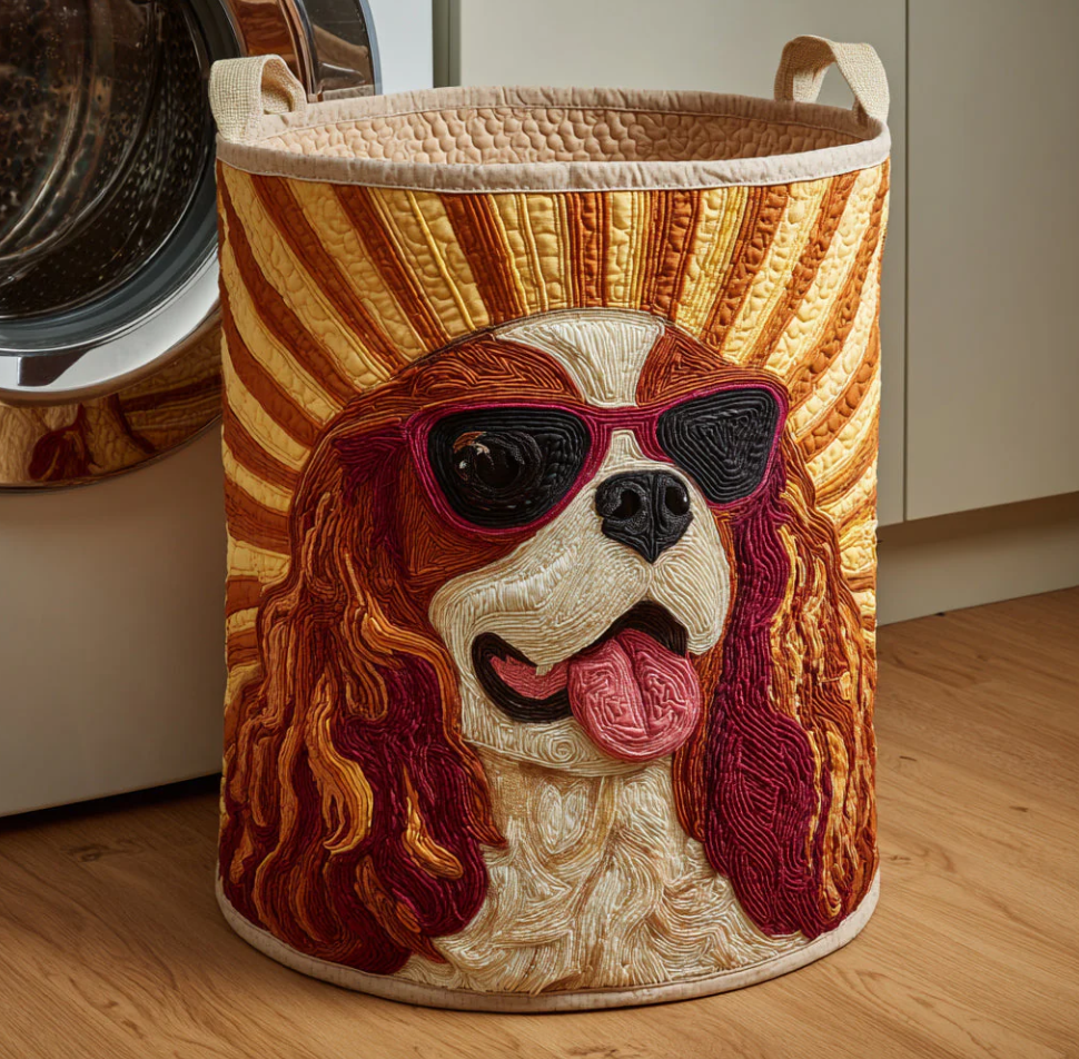 Vivid Cavalier King Charles Spaniel Pattern Quilted Laundry Basket Eco-Friendly Machine Washable Storage Organizer for Home Bathroom Bedroom | Dog