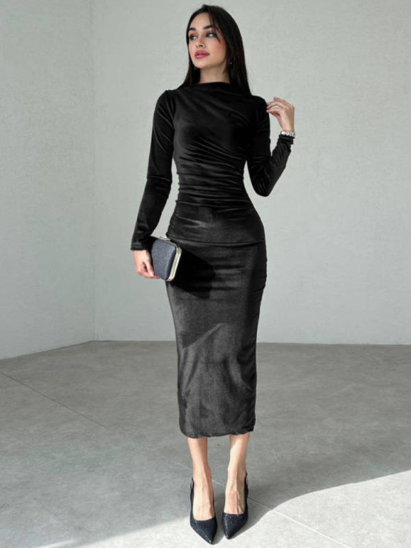 Pleated Round Neck Long Sleeve Bodycon Midi Dress