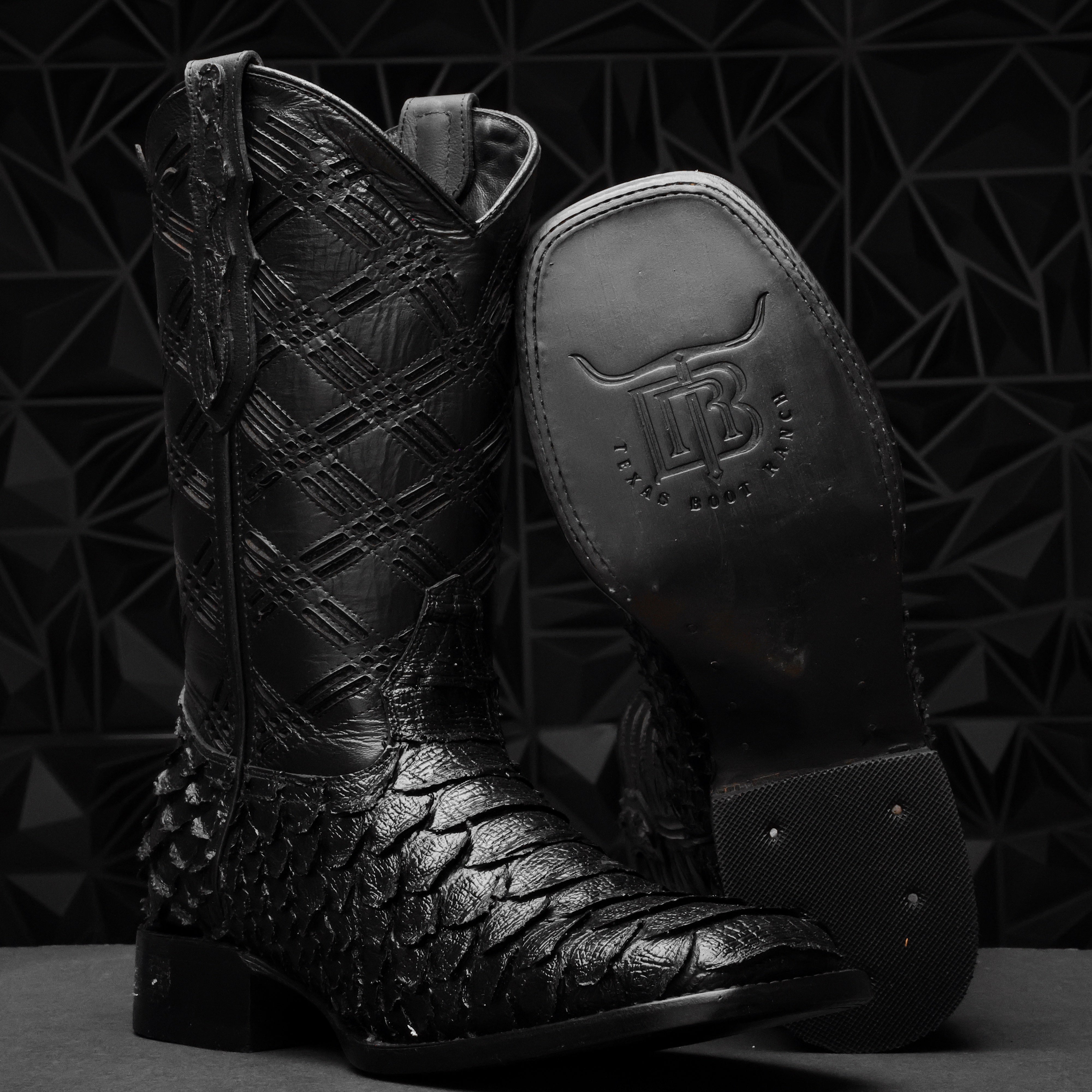TOTAL BLACK Python Leather Boots - Square Toe