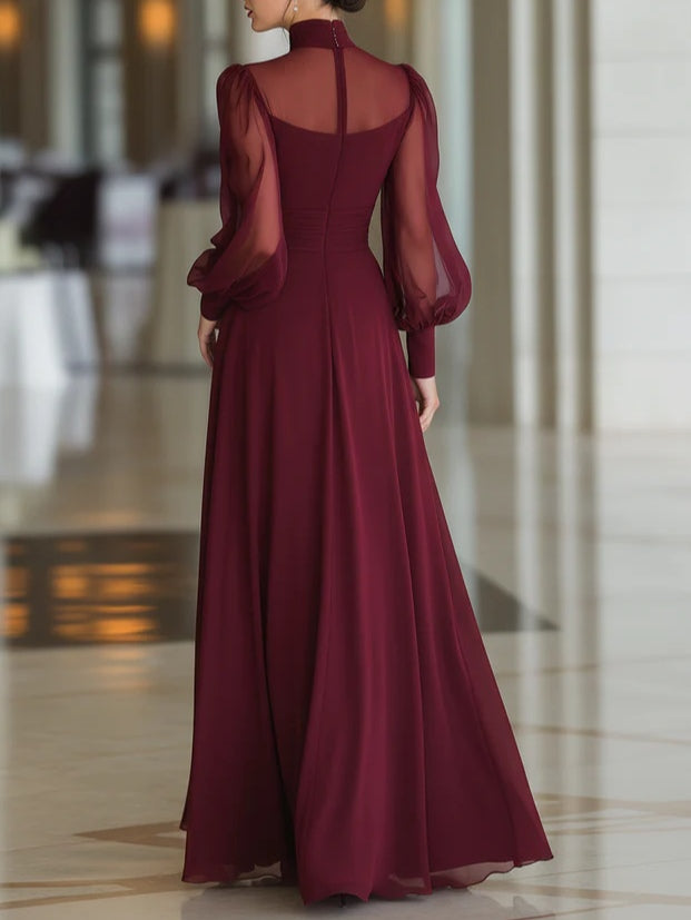 Burgundy High-necked Tulle Pleated Slit Maxi Dress