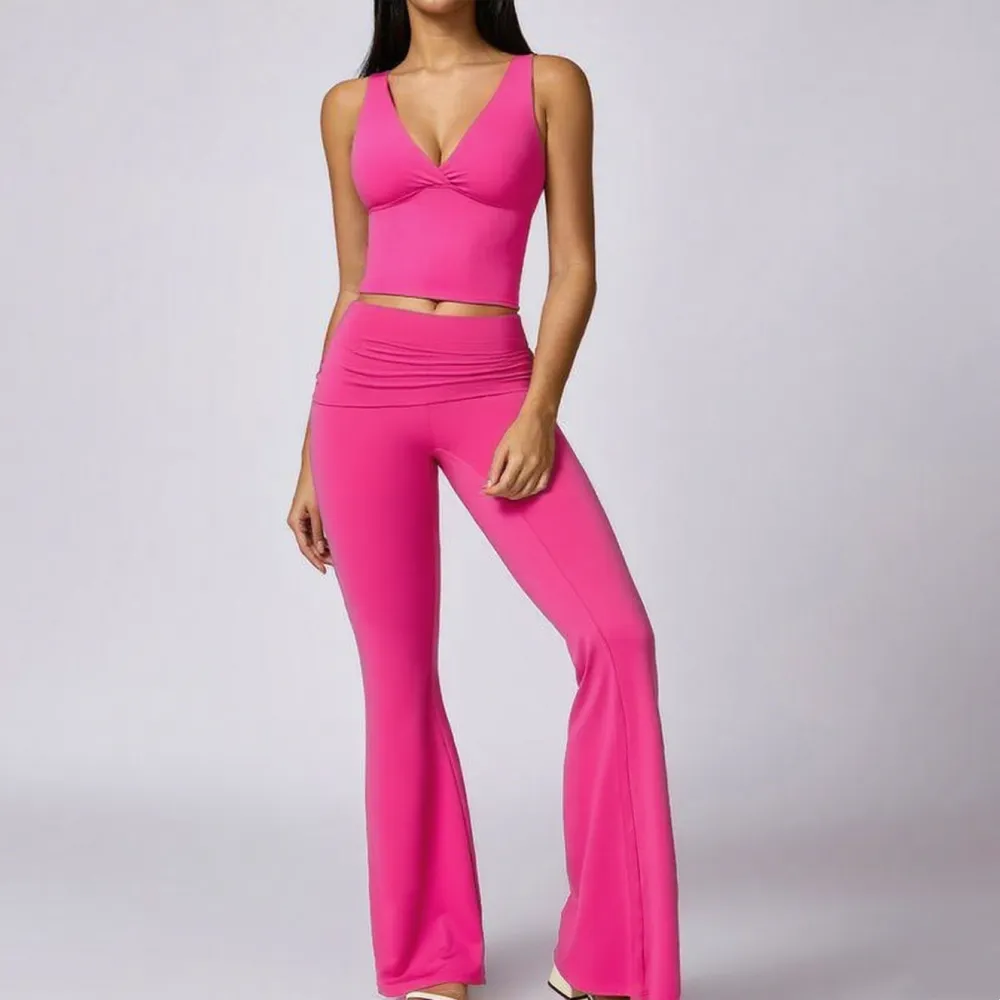 Women's 2-Piece Deep V Neck U-Back Tank & High-Waist Flared Leggings Set