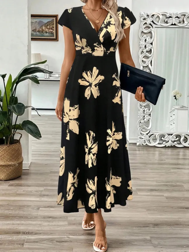Printed Surplice Wrap Midi Dress