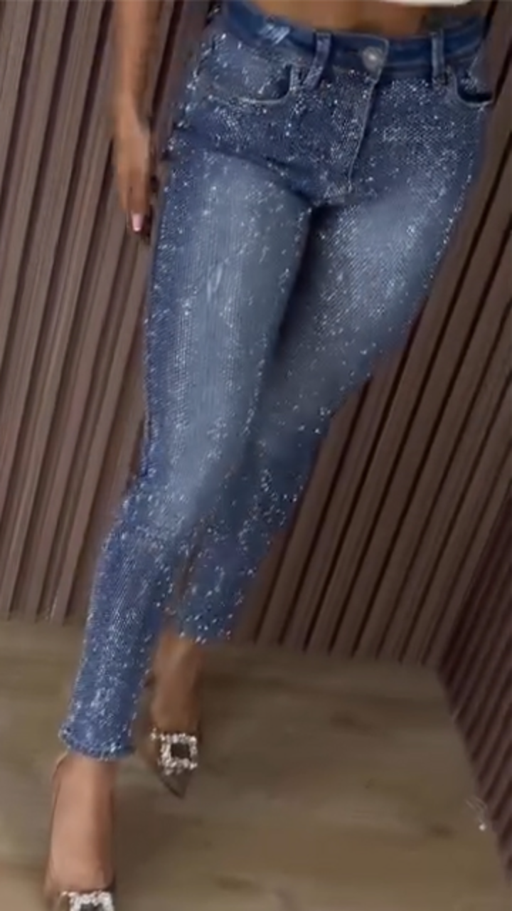 Women High Waisted Rhinestone Washed Casual Jeans